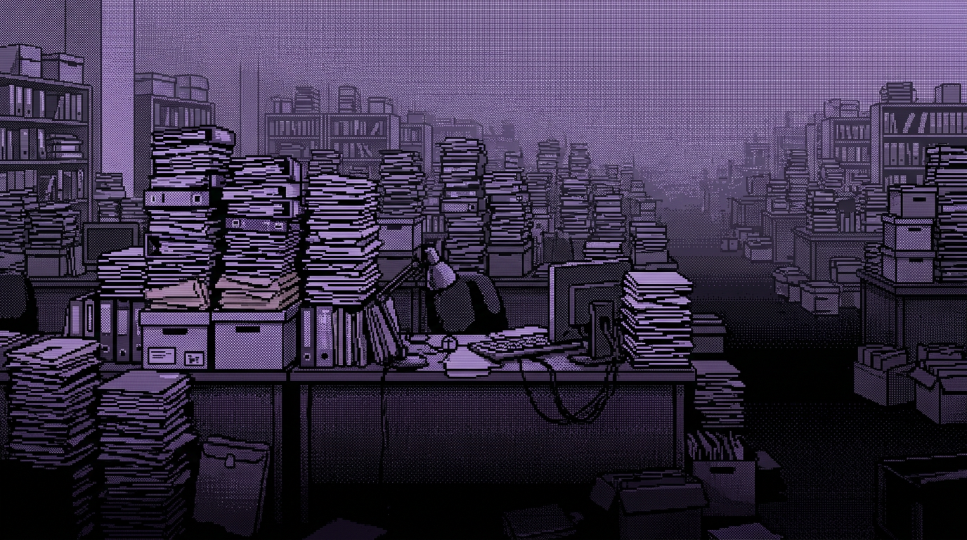 Image de synthèse en pixels : un bureau encombré de piles de dossiers papier.