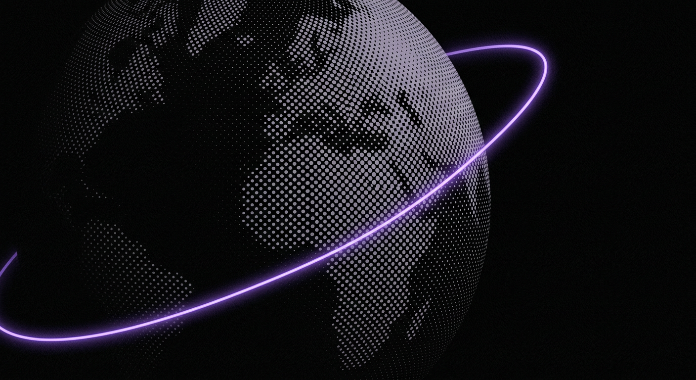 Sphère de points grisés traversée d’un arc lumineux violet.